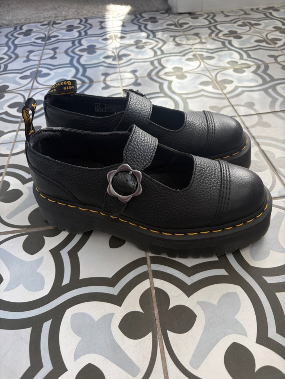 Dr. Martens Black Leather Mary Jane with Yellow Welt Stitching